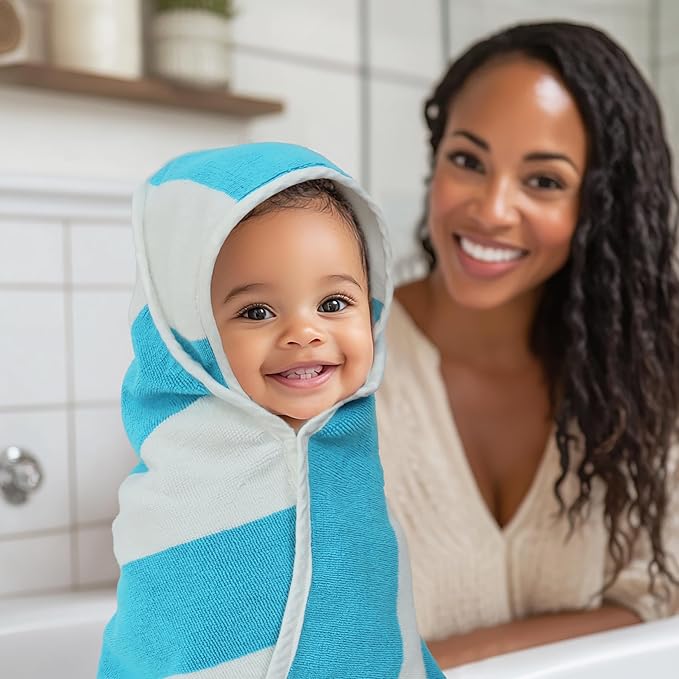 ORIGINAL KIDS Hooded Baby Towel for Newborn - 100% Cotton Baby Bath Towel with Hood - Boys Girls Infants Toddler - Soft Absorbent Beach Pool Newborn Bath Essentials - Large 32x32 - Cabana Stripe Aqua