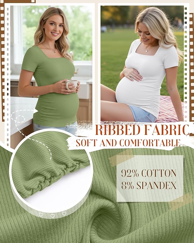 Huukeay 4 Pack Women's Maternity Shirts Cotton Ribbed Short Sleeve Square Neck Pregnancy Tops Side Ruched Summer Tee