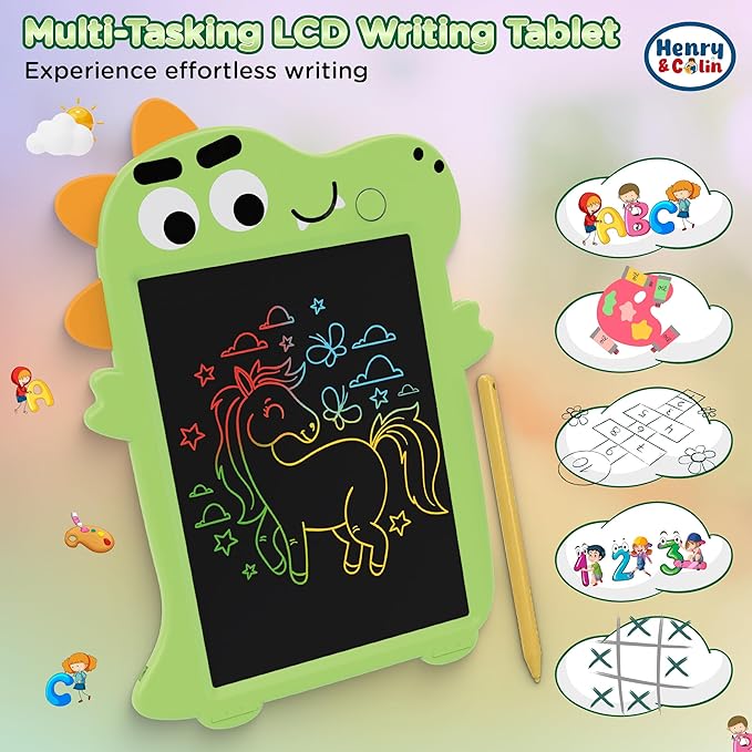 Henry & Colin Dinosaur-Themed LCD Writing Tablet for Kids – Reusable, Travel-Friendly Drawing Pad for Boys & Girls Ages 3 & Up. Perfect for Creativity, Fun, Learning, and Education (Green)