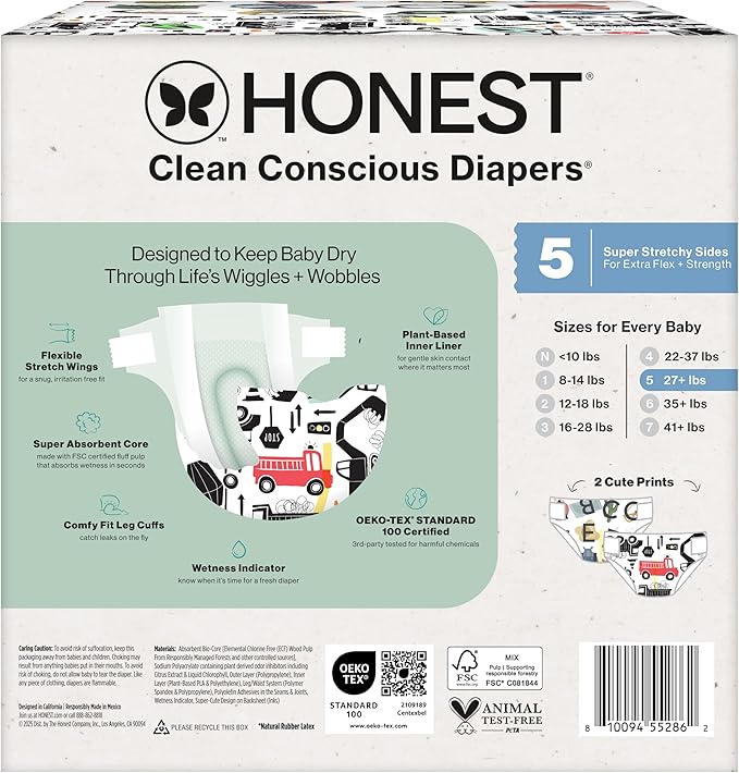 The Honest Company Comfort Dry Disposable Diapers for Sensitive Skin, Hypoallergenic, Fragrance-Free, Big Trucks + All The Letters, Club Box, Size 5 (27 lbs), 44 Count