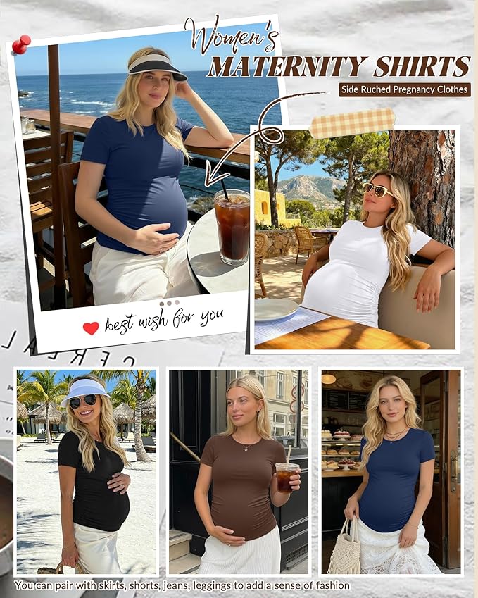 Huukeay 4 Pack Women's Maternity Shirts, Crew Neck Maternity Top Short Sleeve Casual Cotton Tee Side Ruched Pregnancy Clothes