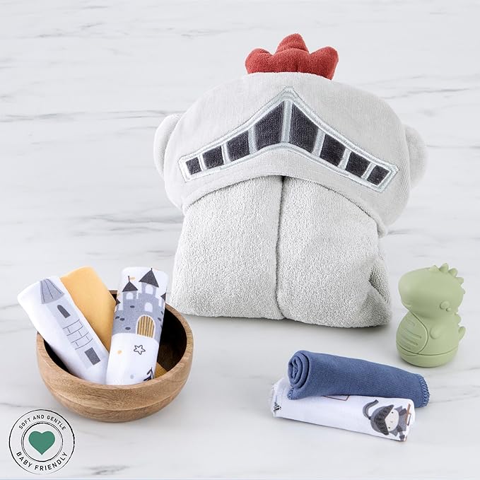 Evolur Good Knight 6 pc Baby Gift Set, Includes Hooded Towel & 5pc Wash Cloths, Soft and 100% Cotton Woven, for Newborn, Infants and Toddlers 0-9 Months