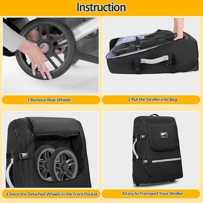 Stroller Travel Bag with Wheels Compatible with UPPAbaby Vista, Vista V2, Cruz V2, Rolling Gate Check Stroller Storage Bag for Airplane, with Dual Handles, Luggage Tag, Reflective Strip, Black