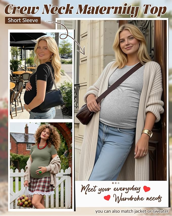 Huukeay 4 Pack Women's Maternity Shirts, Crew Neck Maternity Top Short Sleeve Casual Cotton Tee Side Ruched Pregnancy Clothes