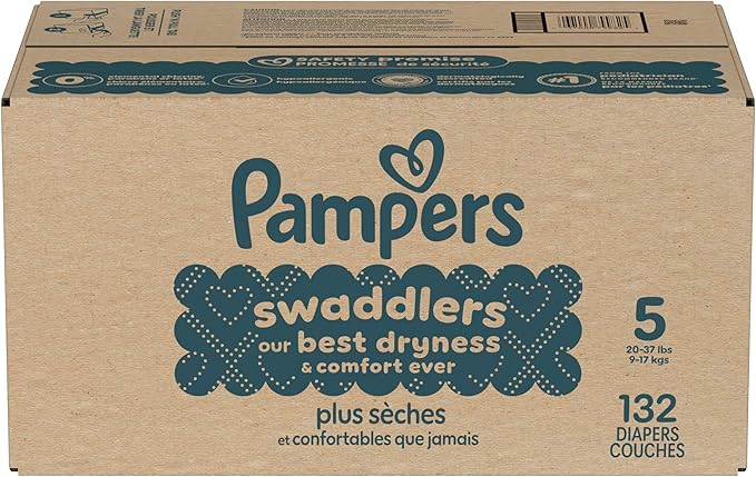 Pampers Swaddlers Diapers, Size 5 (20-37 lbs), 132 Count, Absorbent, Keeps Baby Dry and Comfortable, Skin Safe Disposable Baby Diaper (Packaging May Vary)
