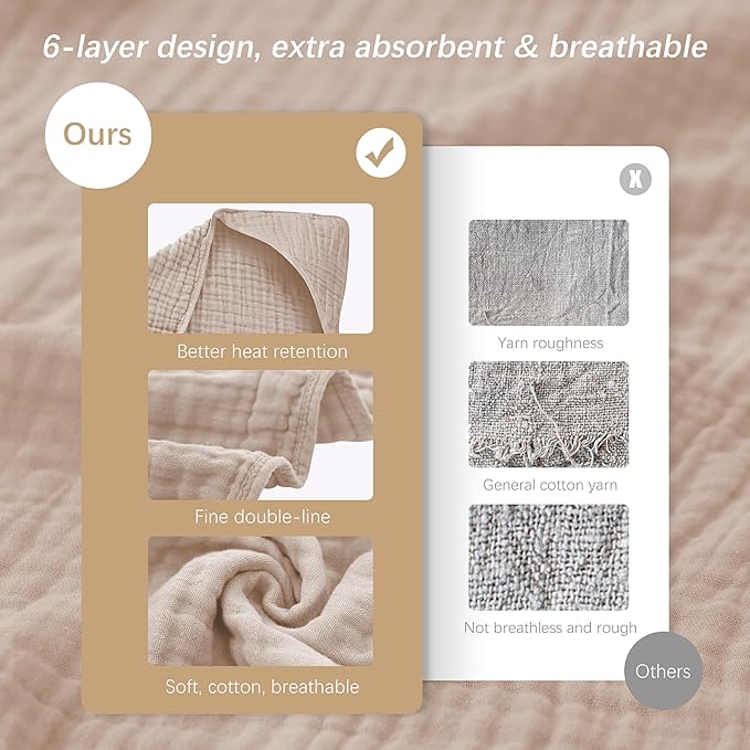 SWEET DOLPHIN Muslin Hooded Baby Bath Towels - 2 Pack 100% Cotton Towel for Babies, Infants, Toddlers - 32x32Inch - Highly Absorbent and Newborn Essential, Brown