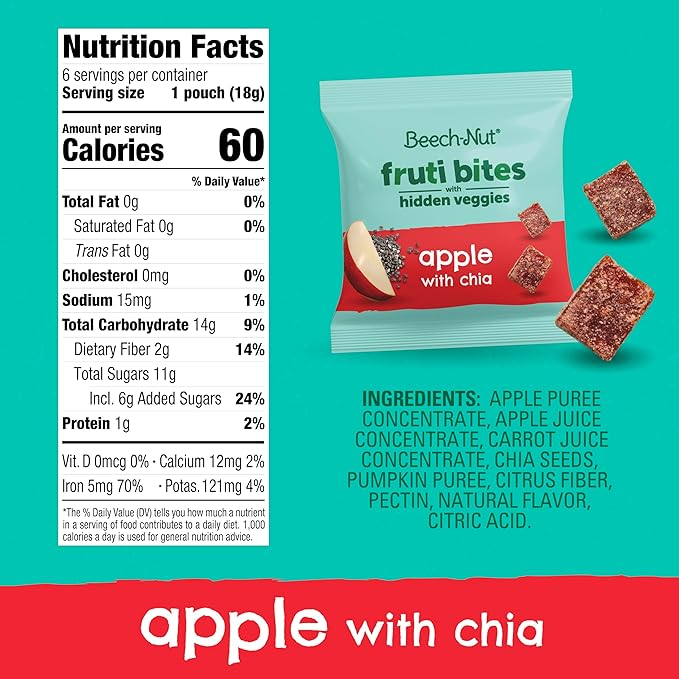 Beech-Nut Toddler Snacks Fruti Bites with Hidden Veggies Quinoa & Chia, Fruit Snack Variety Pack for Babies and Toddlers, 6 Boxes (72 Individually Wrapped Packs)