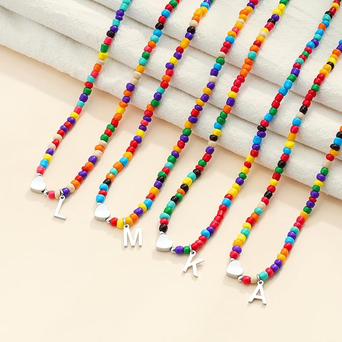 Valentines Day Gifts for Kids Women Girls - Colorful Beaded Initial Necklace Teen Girls Trendy Stuff Dainty Letter Choker Necklace Valentines Day Gifts for Her Mom Wife Jewelry