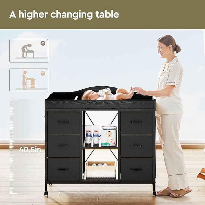 Changing Table, 6-Drawer Baby Dresser with Changing Table top,Waterproof Diaper Changing Station & Pad, 2 Height-Adjustable Open Storage Shelves, Mobile Nursery Organizer, Black