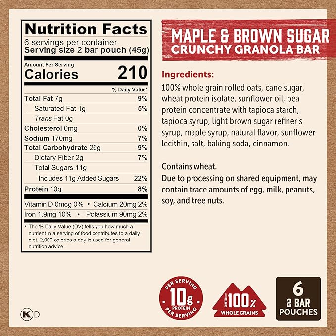 Kodiak Cakes Crunchy Granola Protien Snack Bars, Maple Brown Sugar, High Protein, 100% Whole Grains, 12 boxes with 6 pouches (144 bars)
