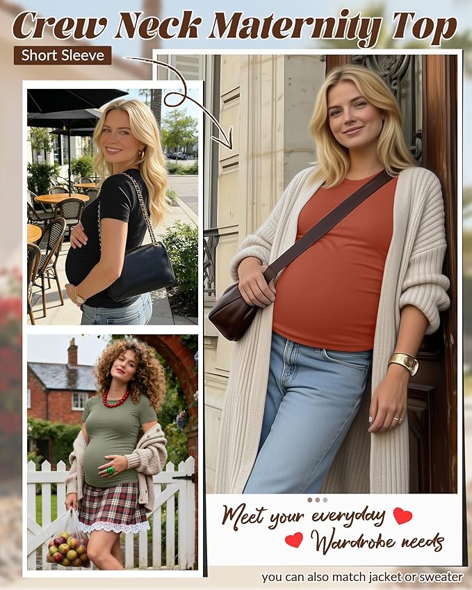 Huukeay 4 Pack Women's Maternity Shirts, Crew Neck Maternity Top Short Sleeve Casual Cotton Tee Side Ruched Pregnancy Clothes