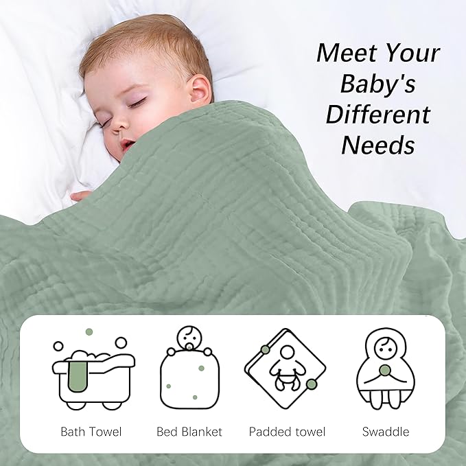 SWEET DOLPHIN Muslin Baby Bath Towels Blanket - 2 Pack 100% Cotton Towel for Babies, Infants, Toddlers - 40x40Inch - Highly Absorbent, Green and Grey
