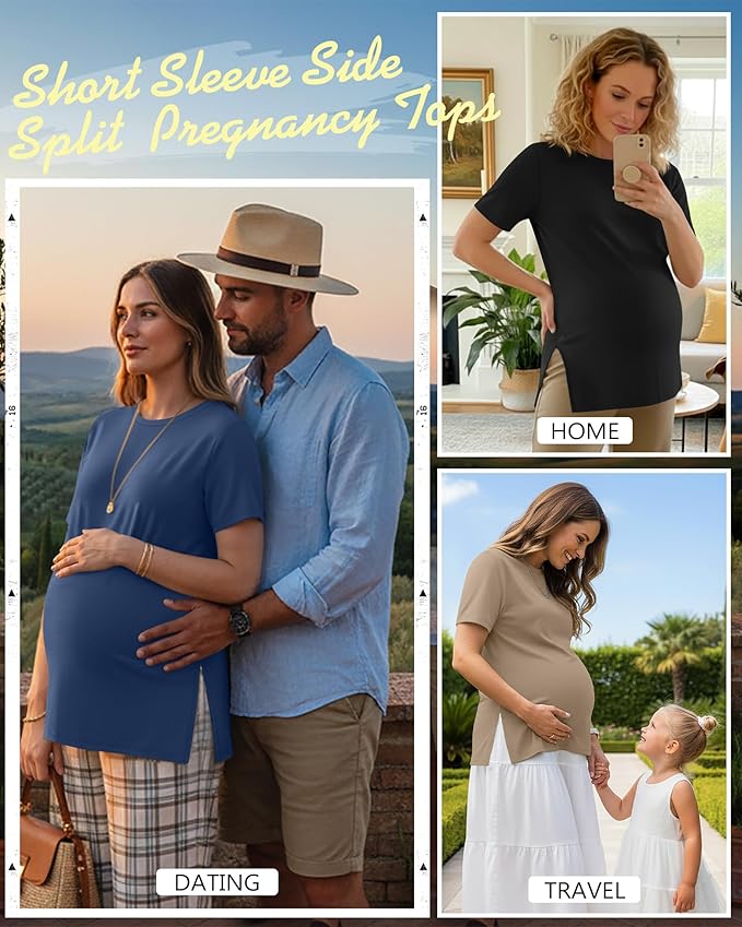 Ficerd 3 Pack Women's Maternity T Shirts, Short Sleeve Side Split Pregnancy Tops Casual Crew Neck Pregnant Tees Mama Clothes