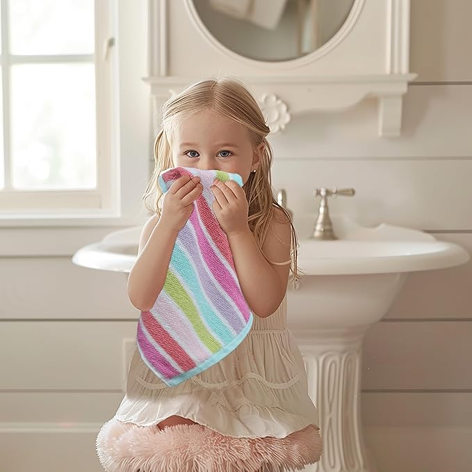 ORIGINAL KIDS Wash Cloth - Set of 12 Stripe Washcloths - 100% Cotton Yarn-Dyed Terry - 450 GSM Quick Dry Soft Absorbent Gentle Baby Face Towels for Bathroom Travel Daycare - 12 x 12 - Pink Multi