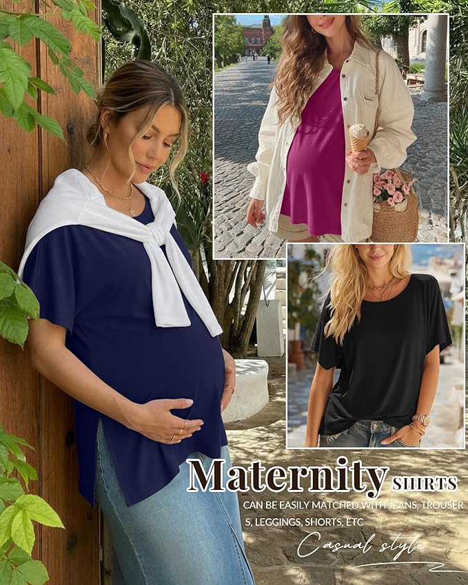 Riyiper 3 Pack Women's Maternity Tunic Shirts Cotton Summer Pregnancy Clothes Loose Oversized Split Side Blouse Tops