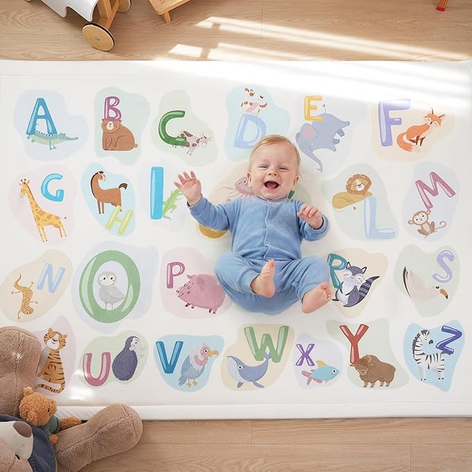 1.3" Thick Educational Baby Floor Play Mat 79x158, Basic Padded Memory Foam Kids Mat, Extra Large Non-Slip Plush Playmat for Nursery Playroom Classroom (ABC Animal)