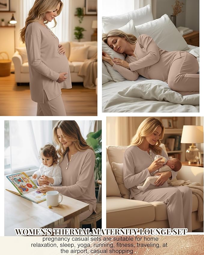 2 Piece Thermal Maternity Lounge Set Postpartum Pregnancy Fleece Loungewear Long Sleeve Top and Wide Leg Pant