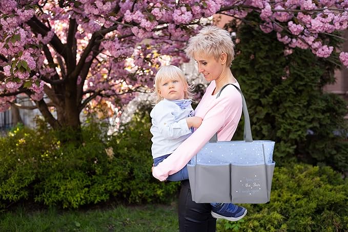 Diaper Bag Tote 5 Piece Set with Sun, Moon, and Stars, Wipes Pocket, Dirty Diaper Pouch, Changing Pad (Grey/Blue)