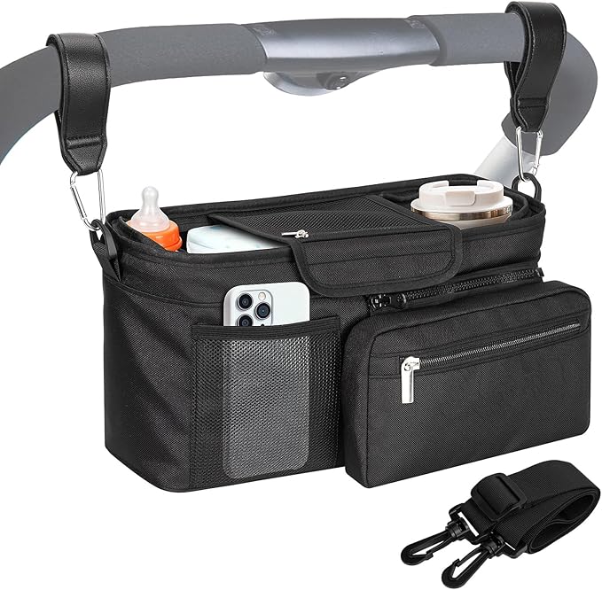 Universal Stroller Organizer Bag, Stroller Caddy with Insulated Cup Holders & Detachable Phone Bag and Shoulder Strap, Stroller Bag for Baby Accessories Fits Most Strollers On Travel, Walks (Black)