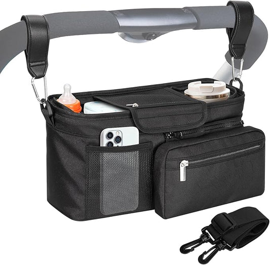 Universal Stroller Organizer Bag, Stroller Caddy with Insulated Cup Holders & Detachable Phone Bag and Shoulder Strap, Stroller Bag for Baby Accessories Fits Most Strollers On Travel, Walks (Black)