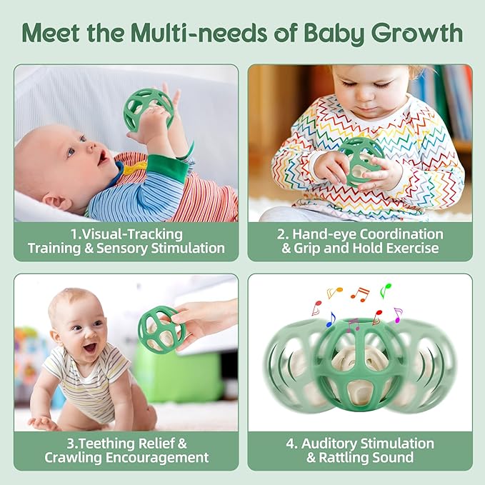 MCGMITT Baby Montessori Sensory Toys for 0-6 6-12 Months, Easy Grasp Silicone Baby Teether Teething Rattle Toy, BPA-Free Infant Teether Ball Chew Rattle Toys, Removable Inner Ball, Soft Hollow Design