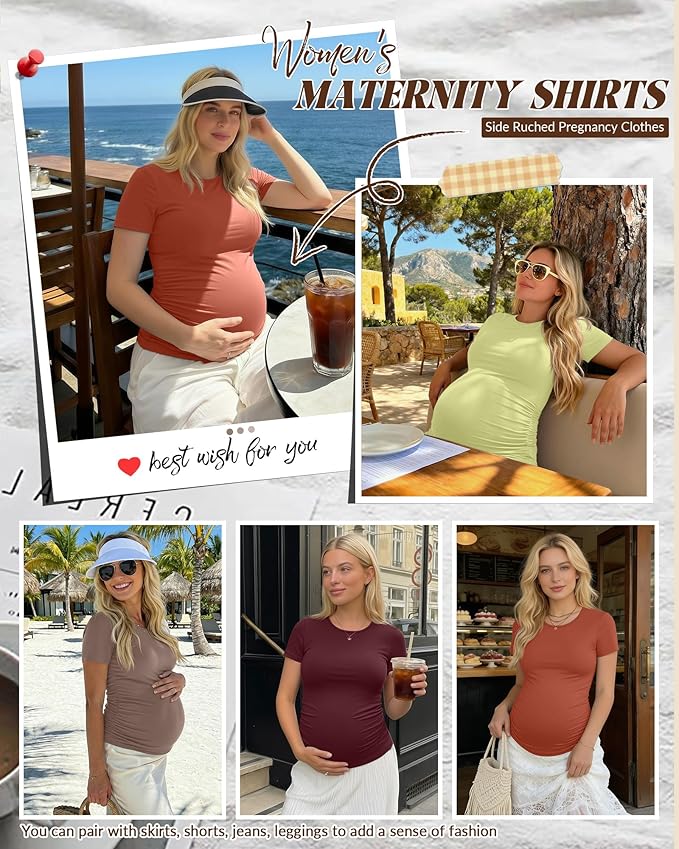 Huukeay 4 Pack Women's Maternity Shirts, Crew Neck Maternity Top Short Sleeve Casual Cotton Tee Side Ruched Pregnancy Clothes