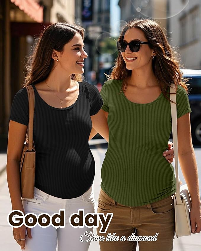Neer 3 Pack Women's Ribbed Maternity Tops Pregnancy Round Neck Shirts Short Sleeve Soft Maternity Clothes for Mama