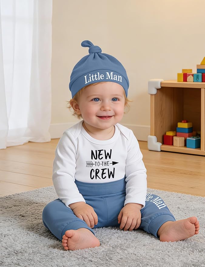 Fommy Newborn Baby Boy Clothes New to The Crew Letter Print Romper+ Pants+Hat 3PCS Outfit