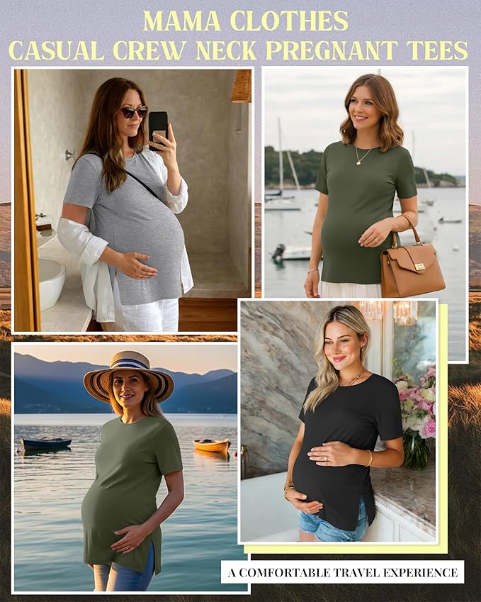 Ficerd 3 Pack Women's Maternity T Shirts, Short Sleeve Side Split Pregnancy Tops Casual Crew Neck Pregnant Tees Mama Clothes