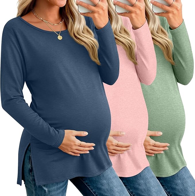 Riyiper 3 Pack Women's Maternity Long Sleeve T-Shirts Round Neck Side Split Tops Loose Casual Pregnancy Mama Clothes Fall