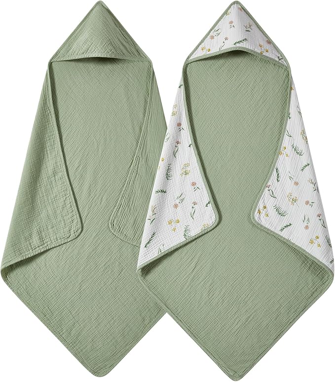 TILLYOU Muslin Hooded Baby Towels for Newborn 2 Pack, 32x32Inch Soft Baby Bath Towel Highly Absorbent for Newborn and Infant, Essential for Newborn Care, Daisy
