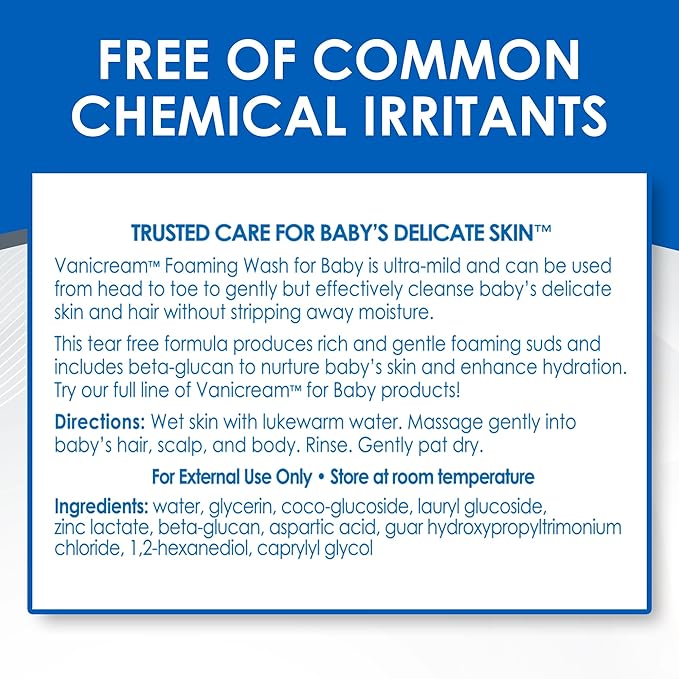Vanicream Foaming Wash for Baby, 8 Oz, Gentle Cleanse and Moisture, Tear-Free Baby Shampoo and Body Wash with Beta-Glucan, Formulated without Common Irritants for Sensitive Skin, All Ages