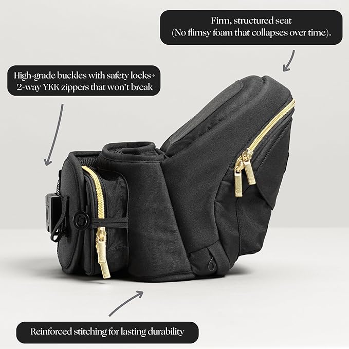 Tushbaby Original Hip Seat Baby Carrier for Babies & Toddlers up to 45 lbs, Safety Certified, Lightweight No-Foam Design with Storage & Nursing Support, Black & Gold