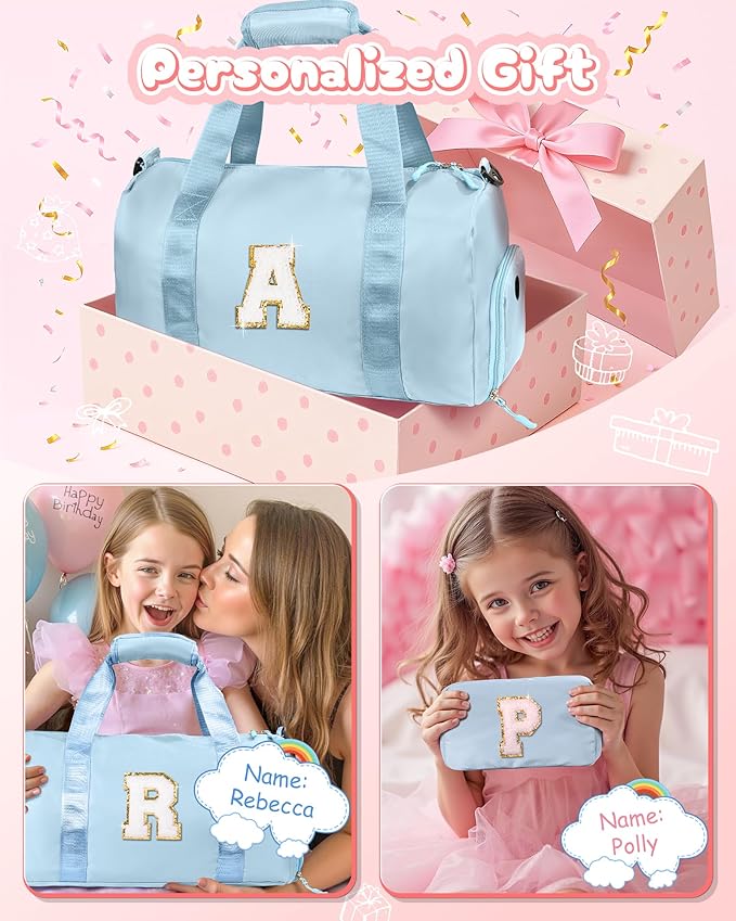 Gifts for Girls-Girl Gym Bag with Shoe Compartment, Kid Personalized Weekender Overnight Bags, Initial Travel Tote with Makeup Pouch, Gift Ideas for Niece Sister (Letter W)