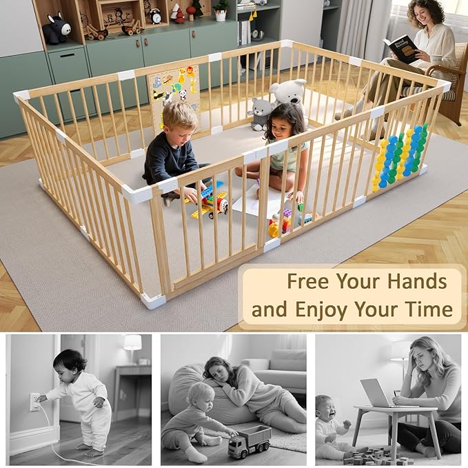 Wooden Baby Playpen,Adjustable Wooden Babies Play Pen,Portable Fence for Babies,Baby Playard Area Indoor,Easy to Assemble and Clean Toys Fence(78x53x24 Inch)