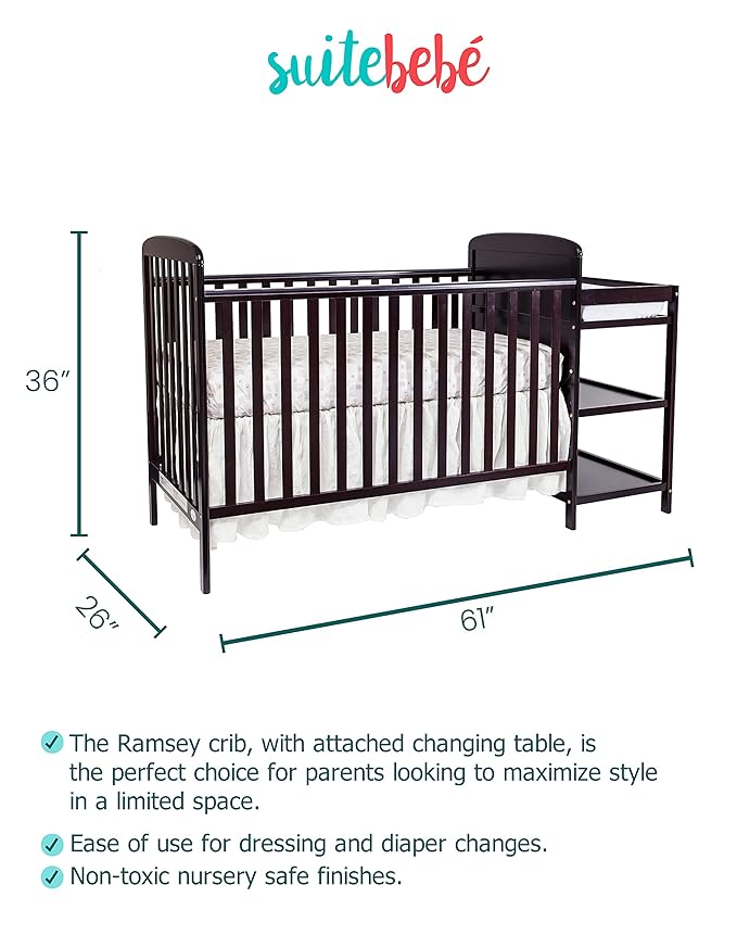 Suite Bebe Ramsey 3-in-1 Convertible Crib and Changing Table with Toddler Guard Rail Bundle, Expresso