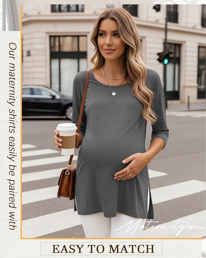 3 Pack Women's 3/4 Sleeve Maternity Shirts Elbow Length Clothes Round Neck Tunics Pregnancy Loose Side Split Tops
