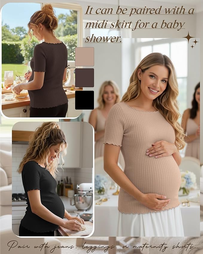 3 Pack Women's Maternity Ribbed Shirts Cotton Short Sleeve Pregnancy Tops Boat Neck Lettuce Trim Mama Clothes