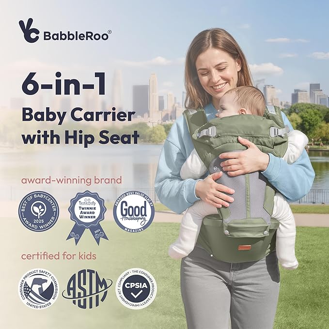 BabbleRoo Grow Carrier – Safety-Certified 6-in-1 Baby Carrier with Hip Seat, Ergonomic & Adjustable Toddler Carrier 7-50 lbs with Hip Support, Hood for Sun Protection, Newborn to Toddler,Seaweed Green