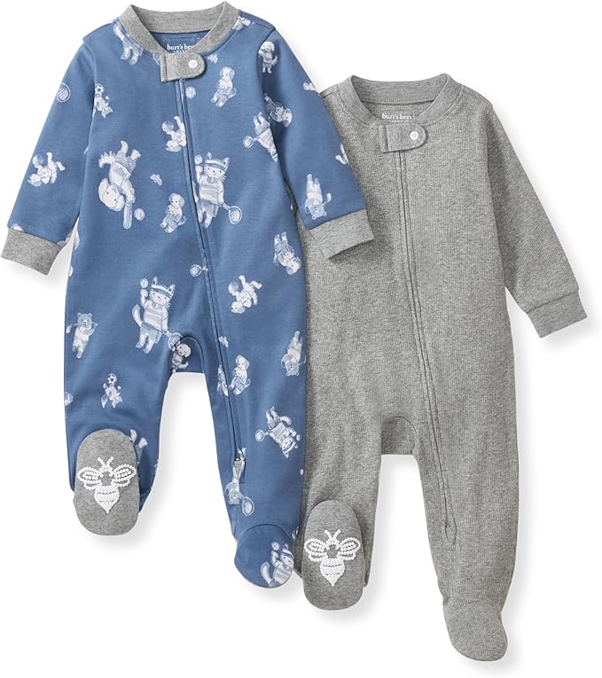 Burt's Bees Baby Boys Sleep and Play PJs, 100% Organic Cotton One-Piece Zip Front Romper Jumpsuit Pajamas