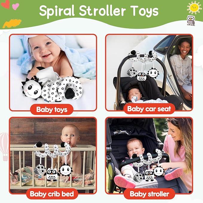 Baby Spiral Hanging Stroller and Car Seat Toys Black and White High Contrast Sensory Toy Newborn Plush Activity Toys Party Favors Quality Gifts for Baby Shower Valentine's-OWL
