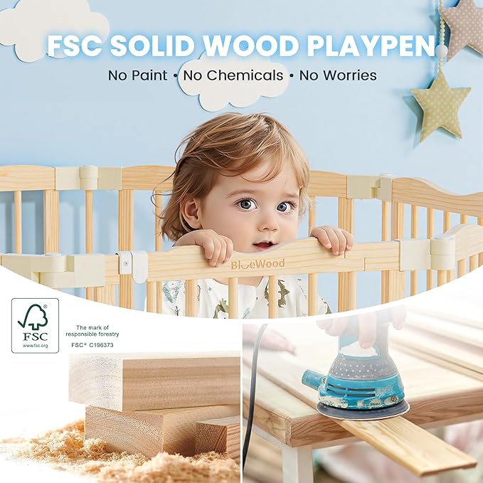 Foldable Wooden Playpen - Adjustable Wood Baby Play Yard with Child-Proof Lock, Indoor Large Safety Fence for Babies and Toddlers - Easy Assembly, 55 x 55 x 24 inches, Nature Nest