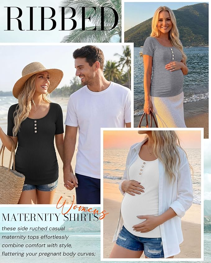 4 Pack Womens Maternity Shirts Scoop Neck Cotton Short Sleeve Ribbed Pregnancy Top Henley Side Ruched Mama Clothes