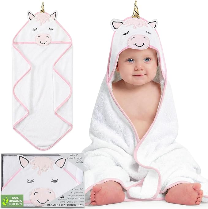 Mother's Choice Organic Hooded Baby Towels - Large Size, Cotton, Ultra-Soft & Absorbent Baby Towels with Hood for Newborns, Infants, Toddlers, Boys & Girls with Animal Hood (Unicorn)