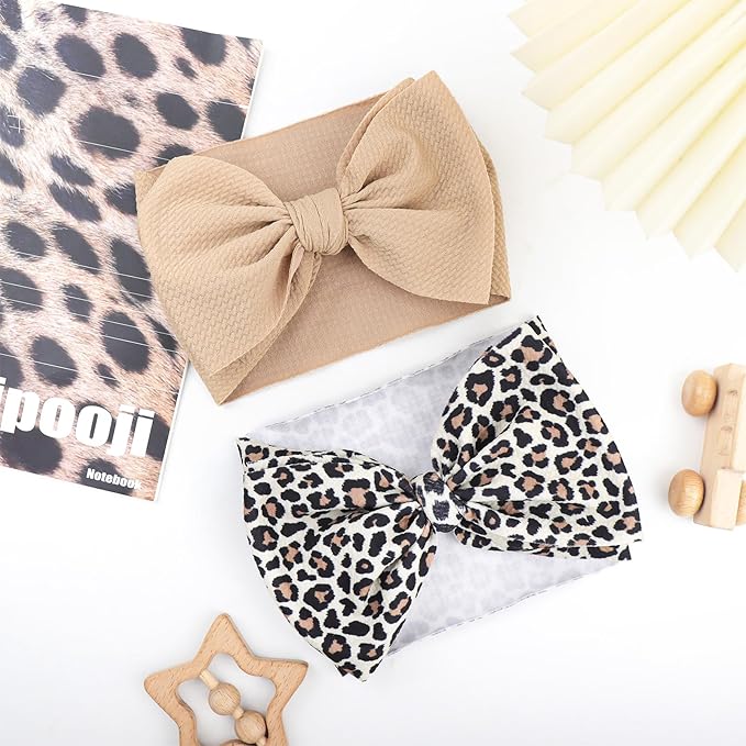 2Pcs Baby Girl Bows Leopard Print Headbands for Girls 7’’ Brown Bow Toddler Hair Accessories Newborn Infant Baby Hair Wrap