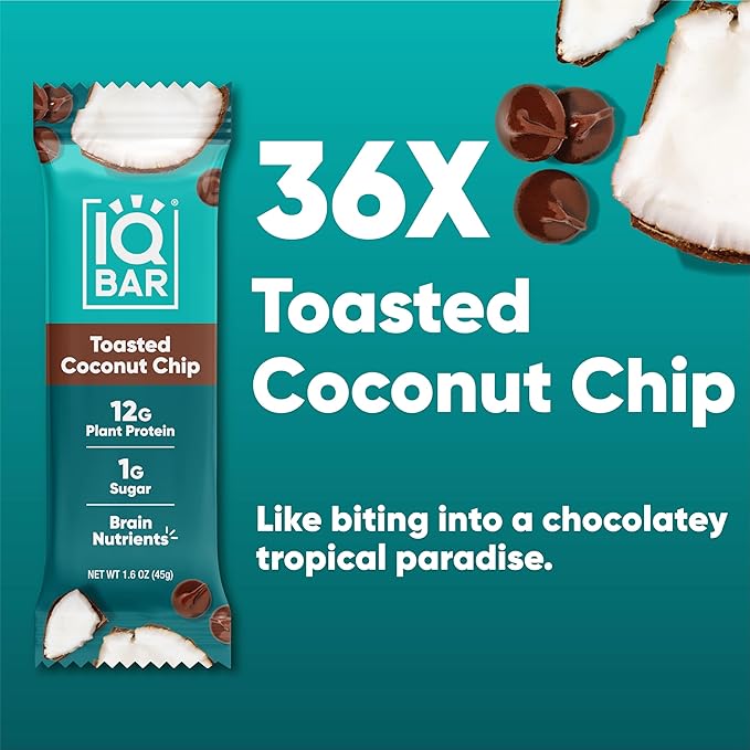 IQBAR Brain and Body Clean Plant Protein Bars - Toasted Coconut Chip - 36 Bars - Keto, Vegan, High Fiber, Gluten and Dairy Free, Low Sugar Snack with Nutrients for Focus, Energy, Meal Replacement