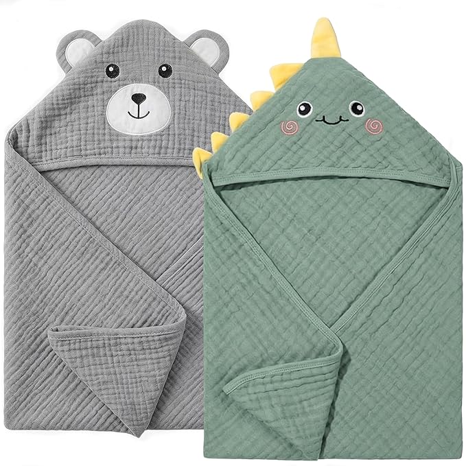 CandyHome 4 Pack Muslin Baby Towels for Newborn Set, 100% Cotton 2 Hooded Baby Bath Towels 32x32" with 2 Washcloths 10x10", Super Soft Absorbent Infant Toddler Bath Essentials Gifts, Dinosaur & Bear