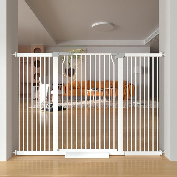 41-Inch Extra Tall Metal Auto Close Dog and Cat Gate for Doorways and Stairs, No Drill Adjustable 54.8-60.2-Inch Pressure Mounted Walk Through Pet Gate with Expansion Kit, White