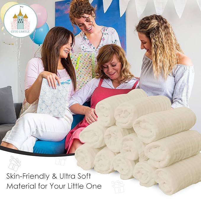 Cute Castle 12 Pack Muslin Baby Washcloths - Large 12'' by 12'' - Ultra Soft 100% Cotton - Super Absorbent Burp Cloths for Unisex, Boy, Girl -Ivory