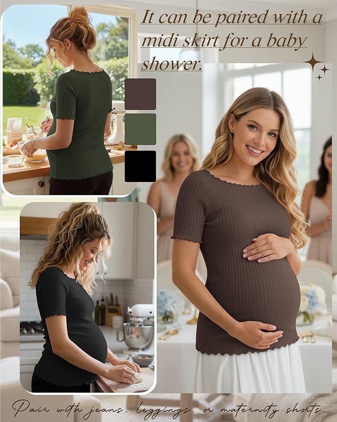 3 Pack Women's Maternity Ribbed Shirts Cotton Short Sleeve Pregnancy Tops Boat Neck Lettuce Trim Mama Clothes